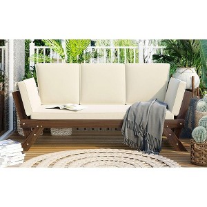 Okak Adjustable Outdoor Patio Wooden Daybed Lounge Chair with Cushions,Space-Saving Chaise Lounge for Patio,Poolside,Small Spaces - 1 of 4