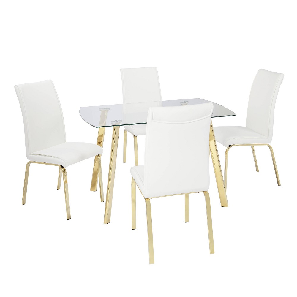 5pc Uptown Dining Set White Glass Gold - Buylateral: Rectangle Table, 4 Upholstered Chairs, Metal Frame