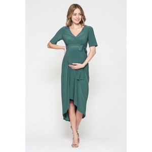 Hello Miz Women's Hi-Low Short Sleeve V Neck Maternity Wrap Dress with Belt - 1 of 4