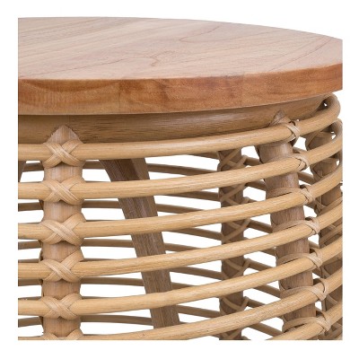 Honey Brown Round Rattan and Pine Wood End Table