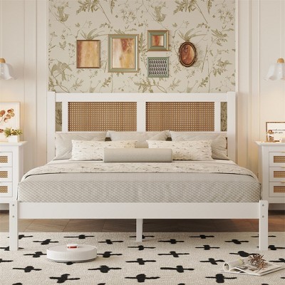Queen Bed Frame, Wooden Platform Bed With Natural Rattan Headboard, Modern Minimalist Bed Frame With 12 Slats For Bedroom, Easy Assembly
