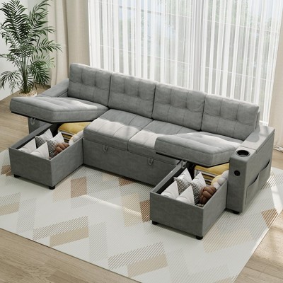 Couches for Living Room, Sofa Bed for Living Room with Hidden Storage Armrests, U-Shaped Sleeper Sofa with Cup Holders and USB Charging Ports