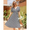 Coolmee Women's Dress Floral Wrap V Neck Pleated Dress Short Lantern Sleeve Flowy A Line Midi Dress with Belted - 3 of 4