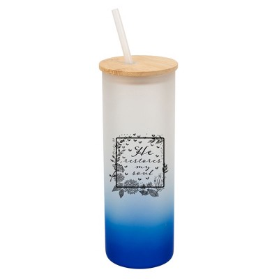 Elanze Designs He Restores My Soul Psalm Floral Frame Wrap-Around Design 25 Ounce Frosted Gradient Glass On-The-Go Coffee Travel Skinny Tumbler Mug