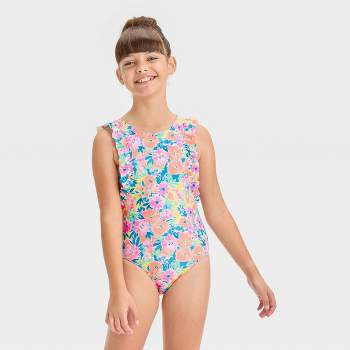 Girls' 'beachy Palms' Leaf Printed One Piece Rash Guard Swimsuit