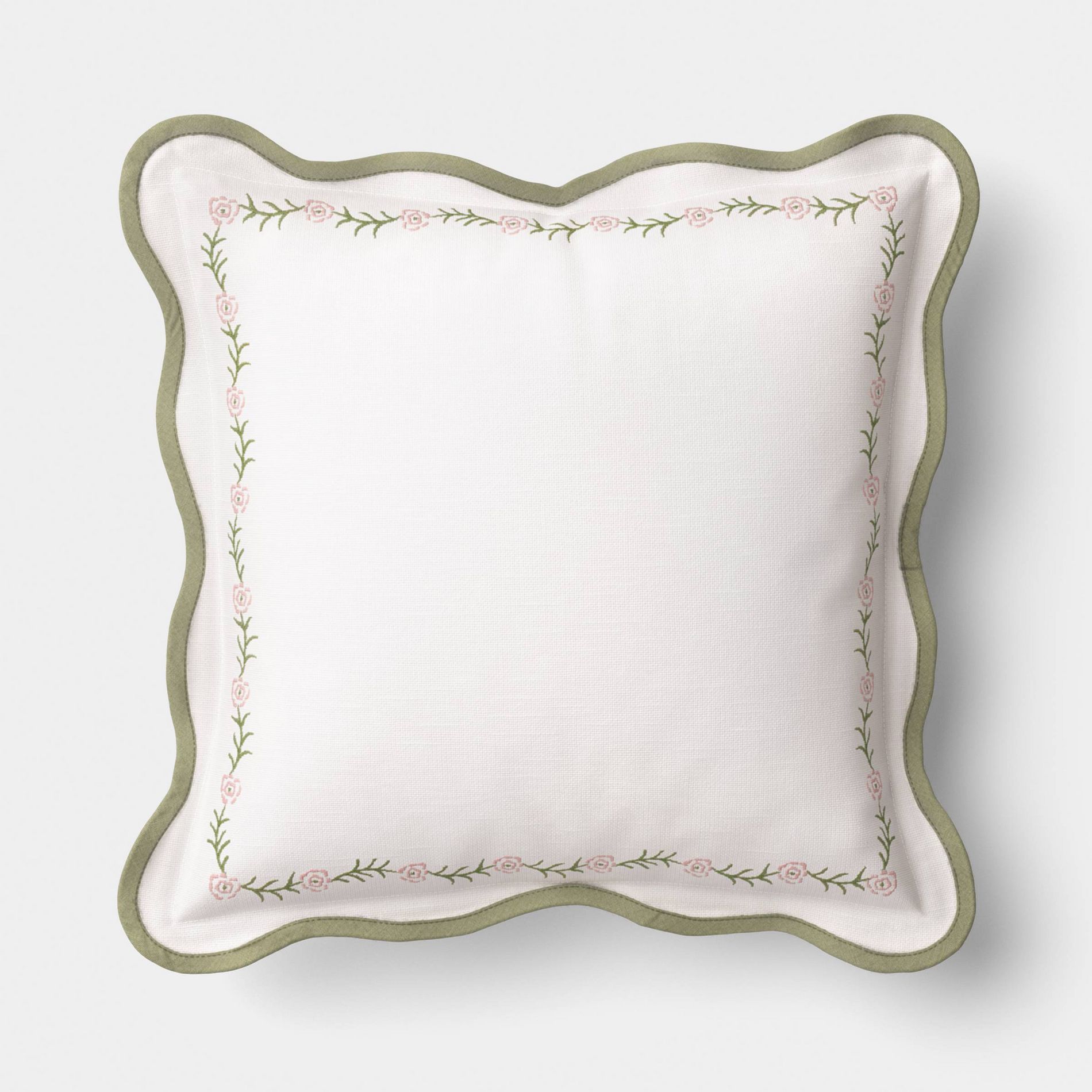 18''x18'' Woven Pillow with Embroidery and Scallop Ivory and Green - Threshold™