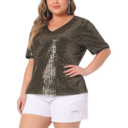 Unique Bargains Women's Plus Size Sequin Top Sparkly One Shoulder Party Tops  1X Gold 