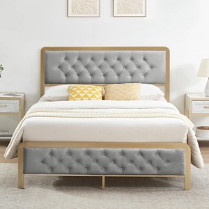 Full Size Bed Frame Velvet Upholstered Platform Bed with Button Tufted Headboard Heavy Duty Metal Mattress Foundation and Metal Slats No Box Spring R - 1 of 4