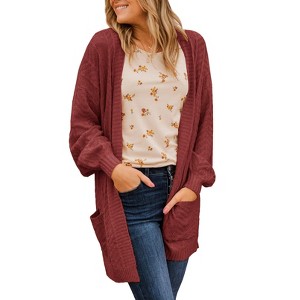 Women's Open Front Cable Knit Cardigan - Long Sleeve Pocketed Loose Fit Sweater Coat - 1 of 1