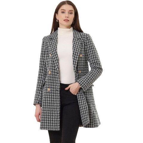 INSPIRE CHIC Women's Notched Lapel Collar Coat Elegant Double-Breasted Plaid Tweed Blazer Outerwear Black Small