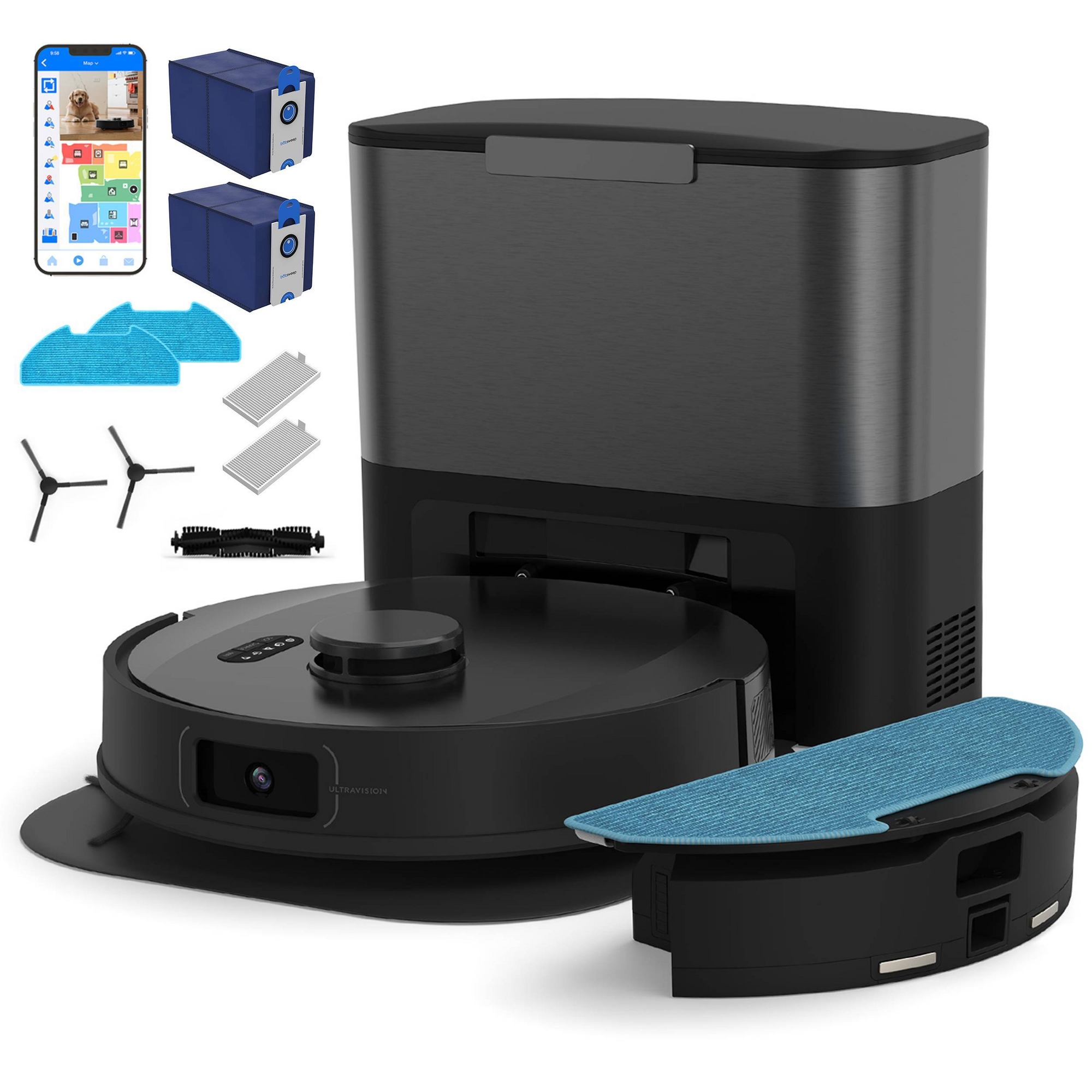 bObsweep UltraVision Self-Empty Cordless Robotic Vacuum and Mop PET24-7-913 Carbon Steel