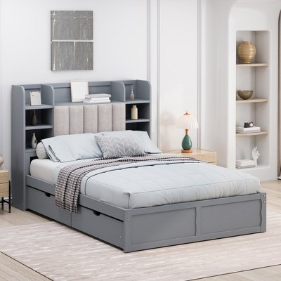 Full Size Bed Frames, Upholstered Headboard with Storage Rack, Platform Bed Frame with 4 Drawer, Wood Slats Supports