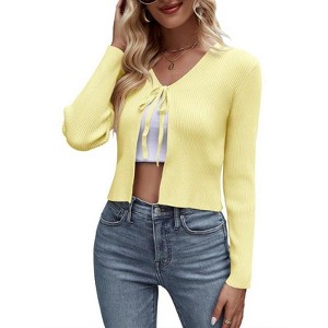 Coolmee Women's Tie Front Cardigan Long Sleeve Rib Knit Shrug for Dress Sweaters Crop Tops Yellow S - 1 of 4