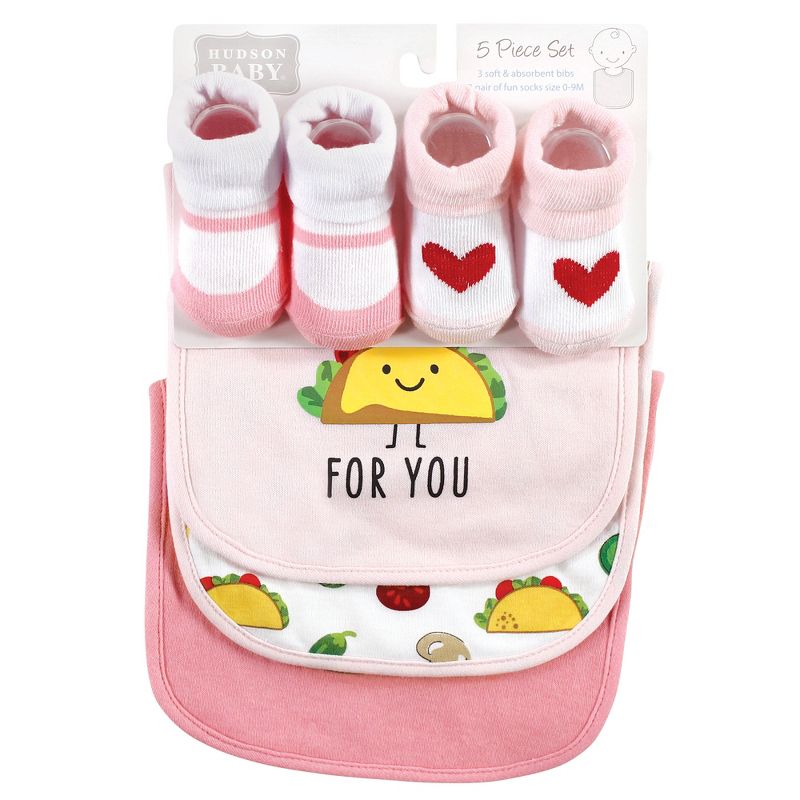 Hudson Baby Infant Girl Cotton Bib and Sock Set, Girl Pizza Taco, One Size, 2 of 6