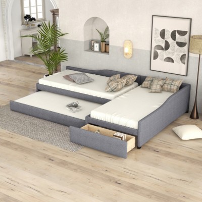 Modern Upholstered Twin Daybed with Rolling Casters, Space‑Saving Trundle Bed for Teen Bedroom or Studio Apartment – The Pop Home