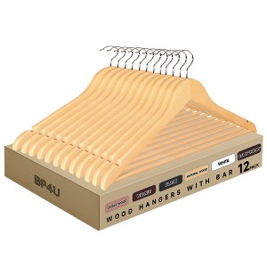 BP4U Premium Wooden Hangers with Non-Slip Pant Bar, Heavy Duty Coat Hangers with 360° Swivel Hook for Jackets, Shirts, Dresses - 1 of 4