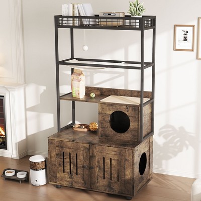 Litter Box Enclosures with Metal Frame, Indoor Tall Cat Litter Box Furniture Hidden with Storage Shelf, Retro Brown