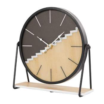 9"x9" Wooden Geometric Clock with Brown Wood Accents Black - Olivia & May