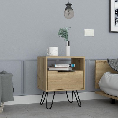 Vynxaria Light Oak Nightstand with Open Shelf & Cabinet