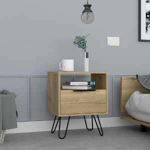 Vynxaria Light Oak Nightstand with Open Shelf & Cabinet - 1 of 4