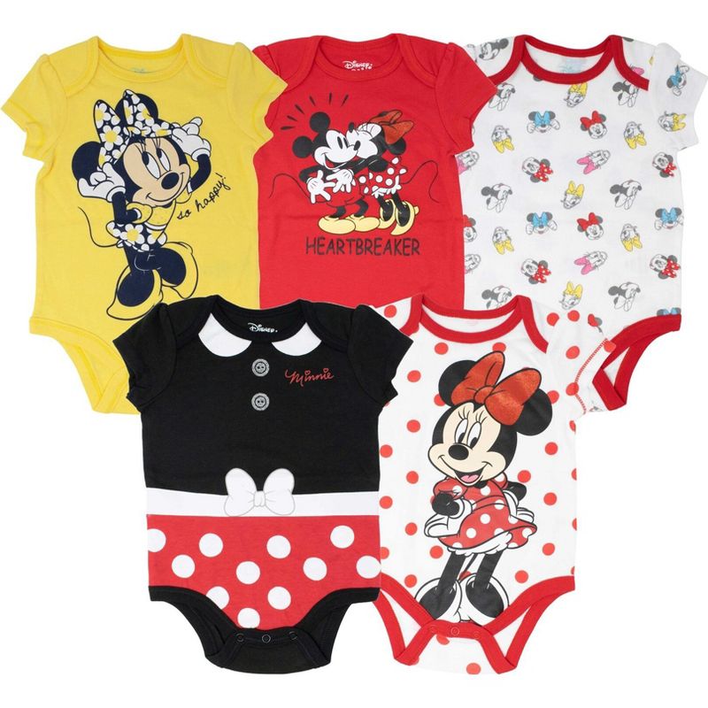 Disney Minnie Mouse Mickey Donald Duck Baby Girls 5 Pack Bodysuits Newborn to Infant, 1 of 10