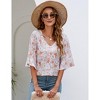 Women's 3/4 Bell Sleeve Shirt Loose Fit V Neck Blouse Cute Tops - 4 of 4