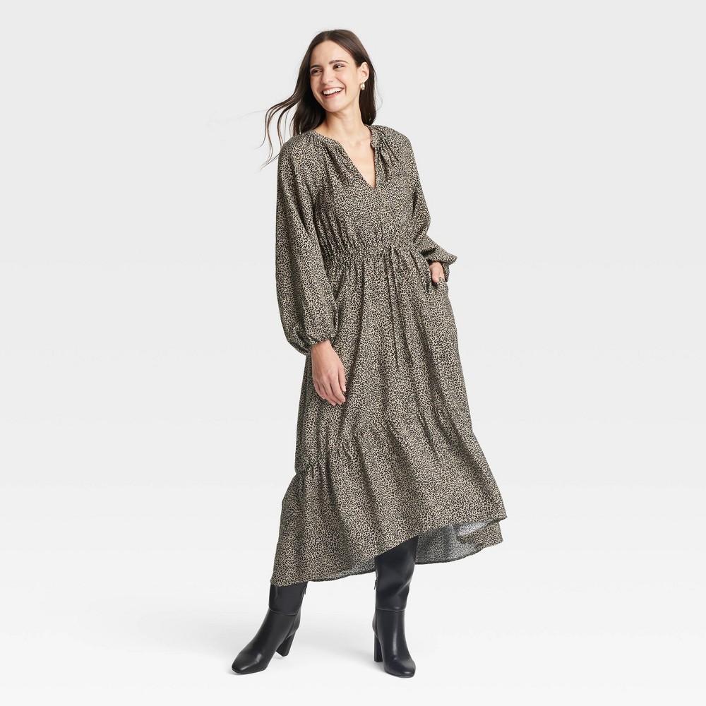 Women's Balloon Long Sleeve Tiered Midi Dress - A New Day™ Brown Leopard Print XL