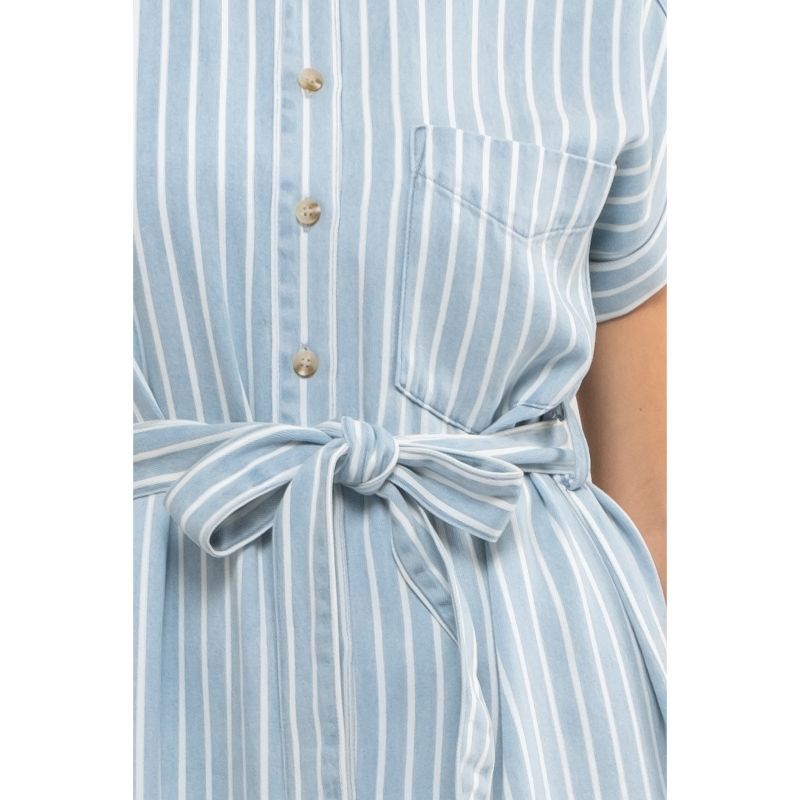 August Sky Women's Front Button Up Stripe Belted Shirt Dress, 4 of 5