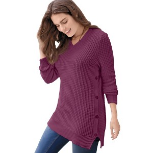 Woman Within Side Button V-Neck Waffle Knit Sweater - 1 of 4