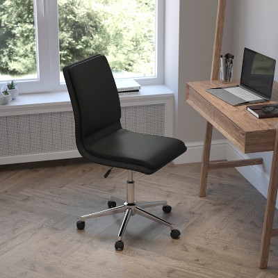 Ergonomic Black LeatherSoft Armless Swivel Task Chair with Chrome Base