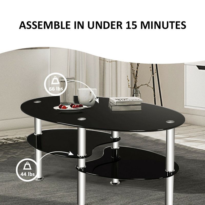 Costway Tempered Glass Oval Side Coffee Table Shelf Chrome Base Living Room Black, 5 of 10