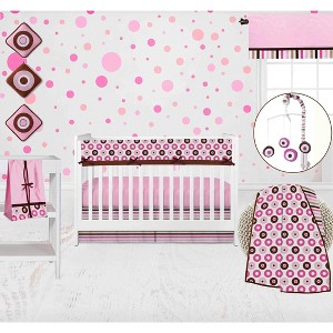 Bacati - Mod Dots Stripes Pink Fuschia Beige Chocolate 10 pc Crib Bedding Set with Long Rail Guard Cover - 1 of 4