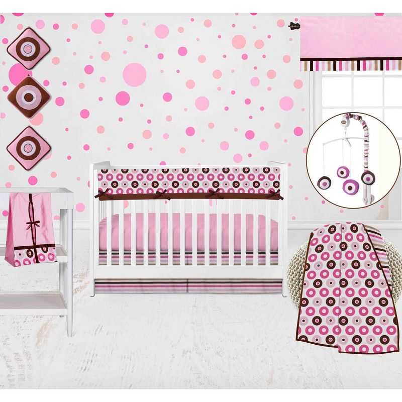 Bacati - Mod Dots Stripes Pink Fuschia Beige Chocolate 10 pc Crib Bedding Set with Long Rail Guard Cover, 1 of 12