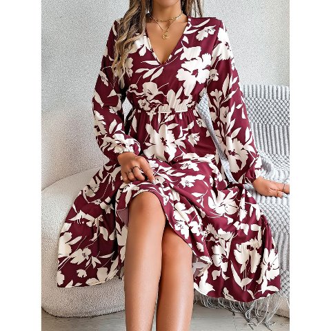 Женские платья YesFashion Women's Dresses Long Sleeve V Neck Ruffle Casual Floral Print Midi Dress,L,Wine Red
