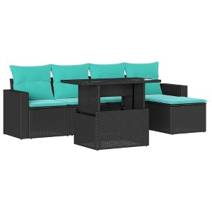 vidaXL Patio Sofa Set with Cushions and Table Outdoor 6 Piece Poly Rattan - Black without storage - 1 of 4