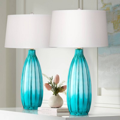 30" Tall Coastal Blue Glass Table Lamp Set with White Drum Shade