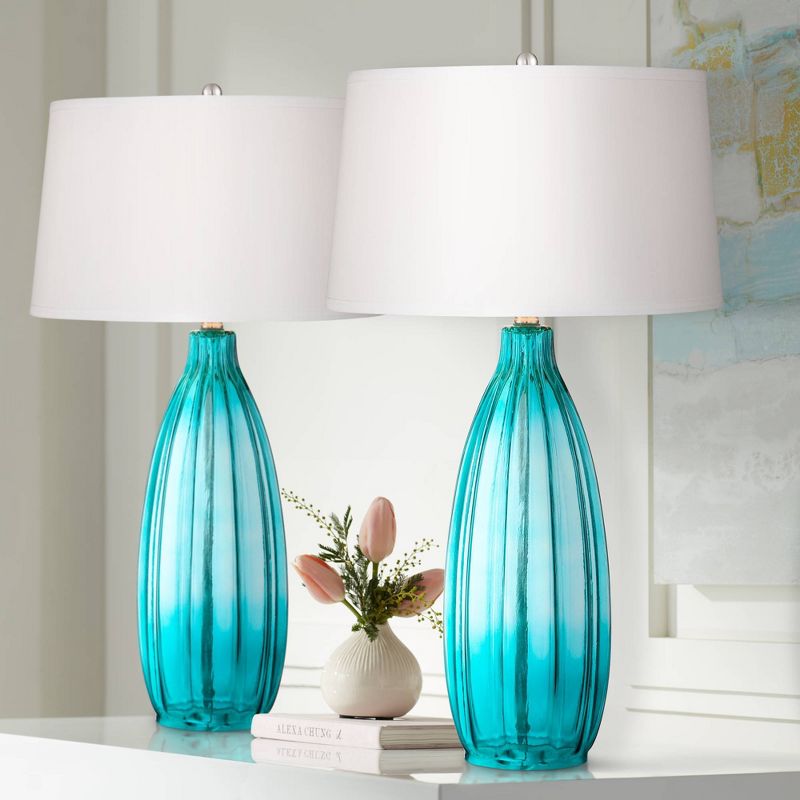 360 Lighting Coastal Table Lamps 30" Tall Set of 2 Fluted Blue Glass White Drum Shade for Living Room Family Bedroom Bedside Nightstand, 2 of 9