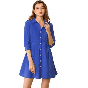 INSPIRE CHIC Women's 3/4 Sleeve Button Front Solid Color Flare Mini Shirt Dress - 1 of 4