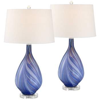 Possini Euro Design Taylor 29" Tall Teardrop Modern Coastal End Table Lamps Set of 2 Blue Art Glass Living Room Bedroom White Shade (Colors May Vary)