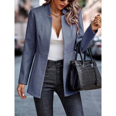Women's Herringbone Open Front Business Blazer Notch Lapel Long Sleeve Casual Office Work Jacket