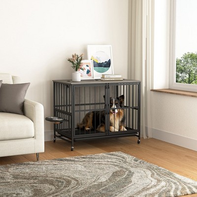 Dog House with Rremovable Ttray, Double-Door Dog House, lift Panel, 360 Degree Rotation -3 Height Adjustable Feeding Bowls