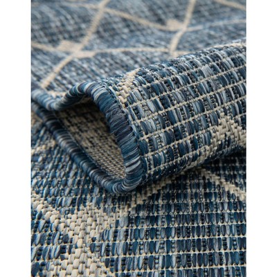 Easy-Care Oval Blue Trellis Synthetic Outdoor Rug