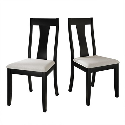 Black Wood Side Chair with Linen Upholstered Seat, Set of 2