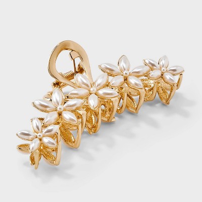 Metal Flower Pearls Claw Hair Clip - A New Day™ Gold