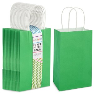 Blue Panda 25-Pack Green Gift Bags with Handles - Small Paper Treat Bags for Birthday, Wedding, Retail (5.3x3.2x9 In) - 1 of 4