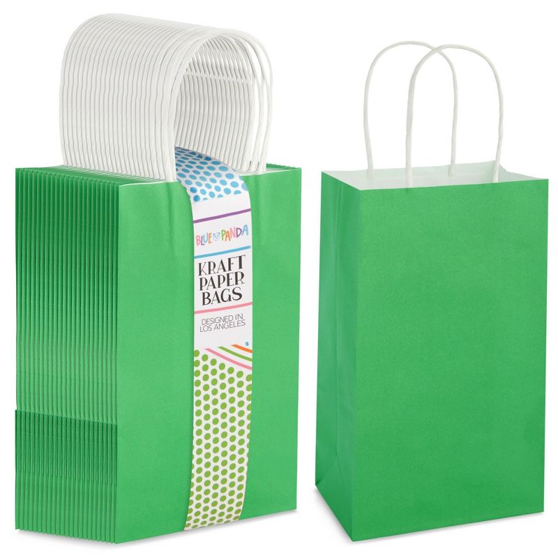 Blue Panda 25-Pack Green Gift Bags with Handles - Small Paper Treat Bags for Birthday, Wedding, Retail (5.3x3.2x9 In), 1 of 9