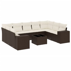 vidaXL 10 Piece Patio Sofa Set with Cushions Brown Poly Rattan - Brown and cream With table - 1 of 4