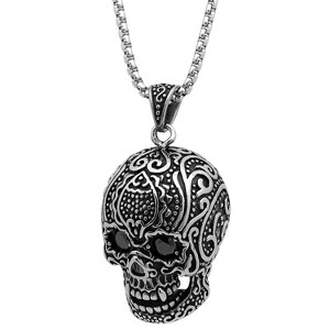 Steeltime Men's stainless steel skull pendant with simulated diamonds. Color Options: Gold/Red, Gold/Black, Silver/Red, Silver/Black - 1 of 4
