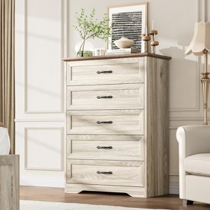 5 Drawers Dresser for Bedroom,Chest of Drawers with Wide Metal Handle,Farmhouse Modern Wooden Tall Dresser,Natural Texture,Storage Organizer - 1 of 4