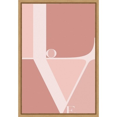Pink and White Love Typography Canvas Wall Art with Natural Frame